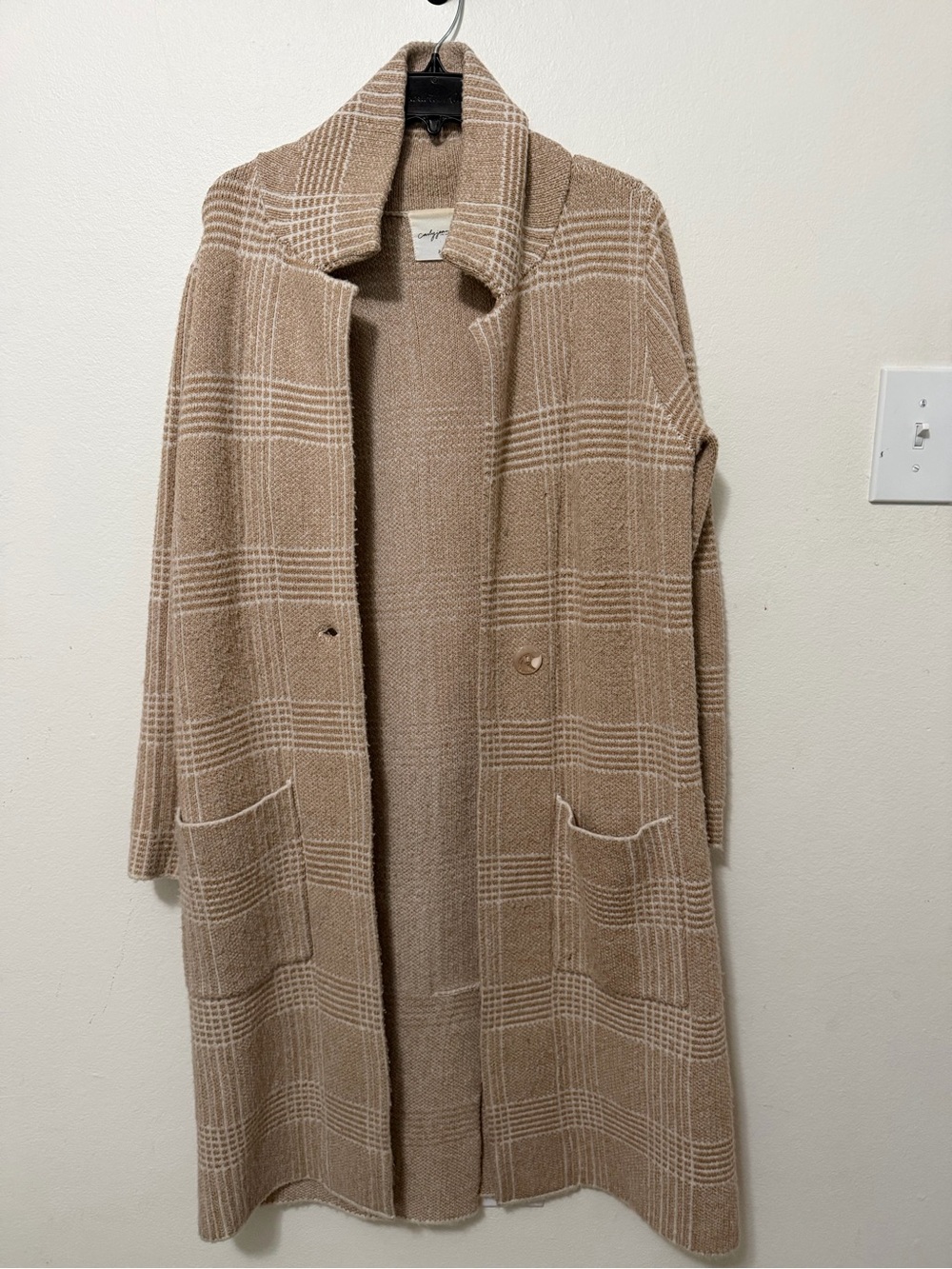 Carly Jean Los Angeles Beige Plaid Open-Front Long Cardigan